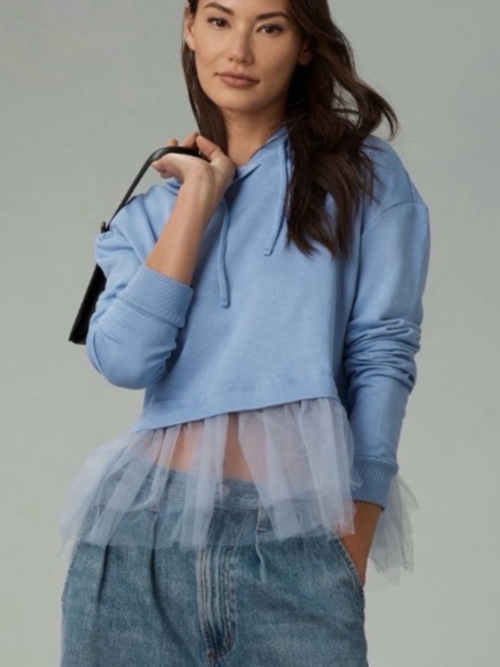 Pilcro- Anthropologie- Tulle Crop Hoodie-
Light Blue Tulle-Hem Hoodie Top - Wome